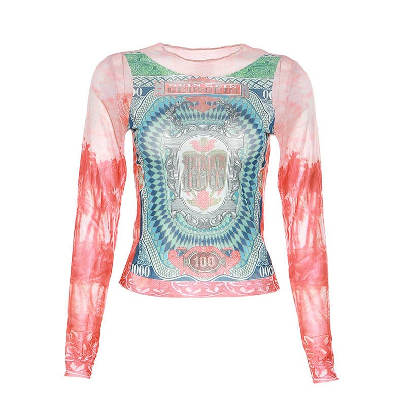Fashion Print Colorblock Mesh Long Sleeve Top