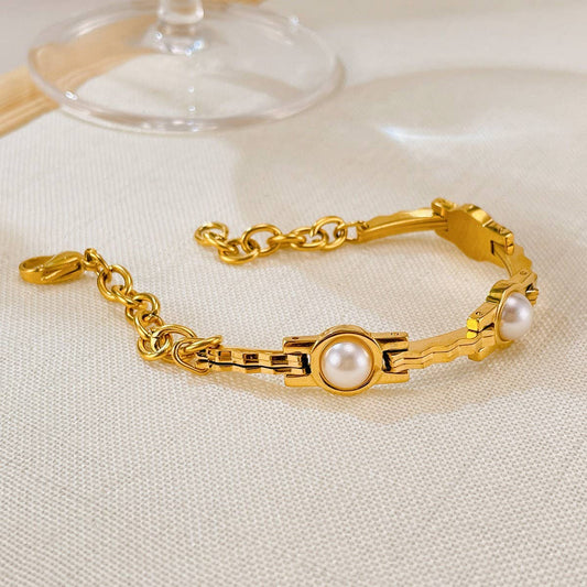 Elegant Pearl Chain Bracelet, Gold-Plated Steel