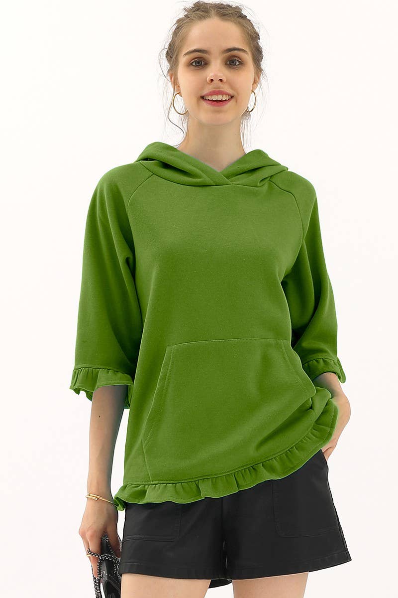 CWOHOL425_3/4 SLEEVE HOODIE SWEATSHIRT WITH KANGAROO POCKET
