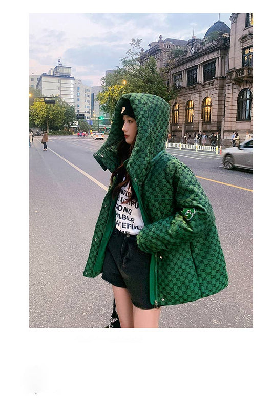 Stand-up collar short plaid hooded padded jacket