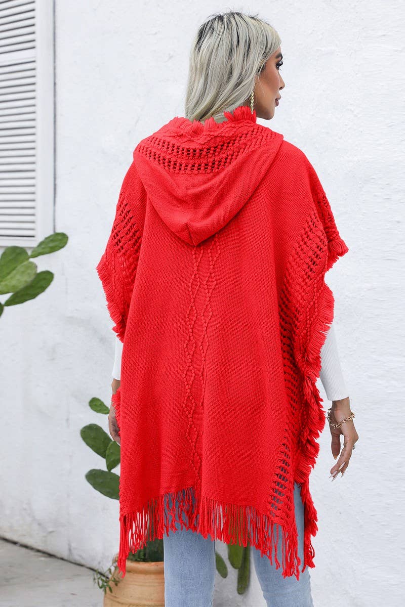 CWOSWL6438_V-NECK FRINGED HOODED MID-LENGTH CAPE KNITTED TOP