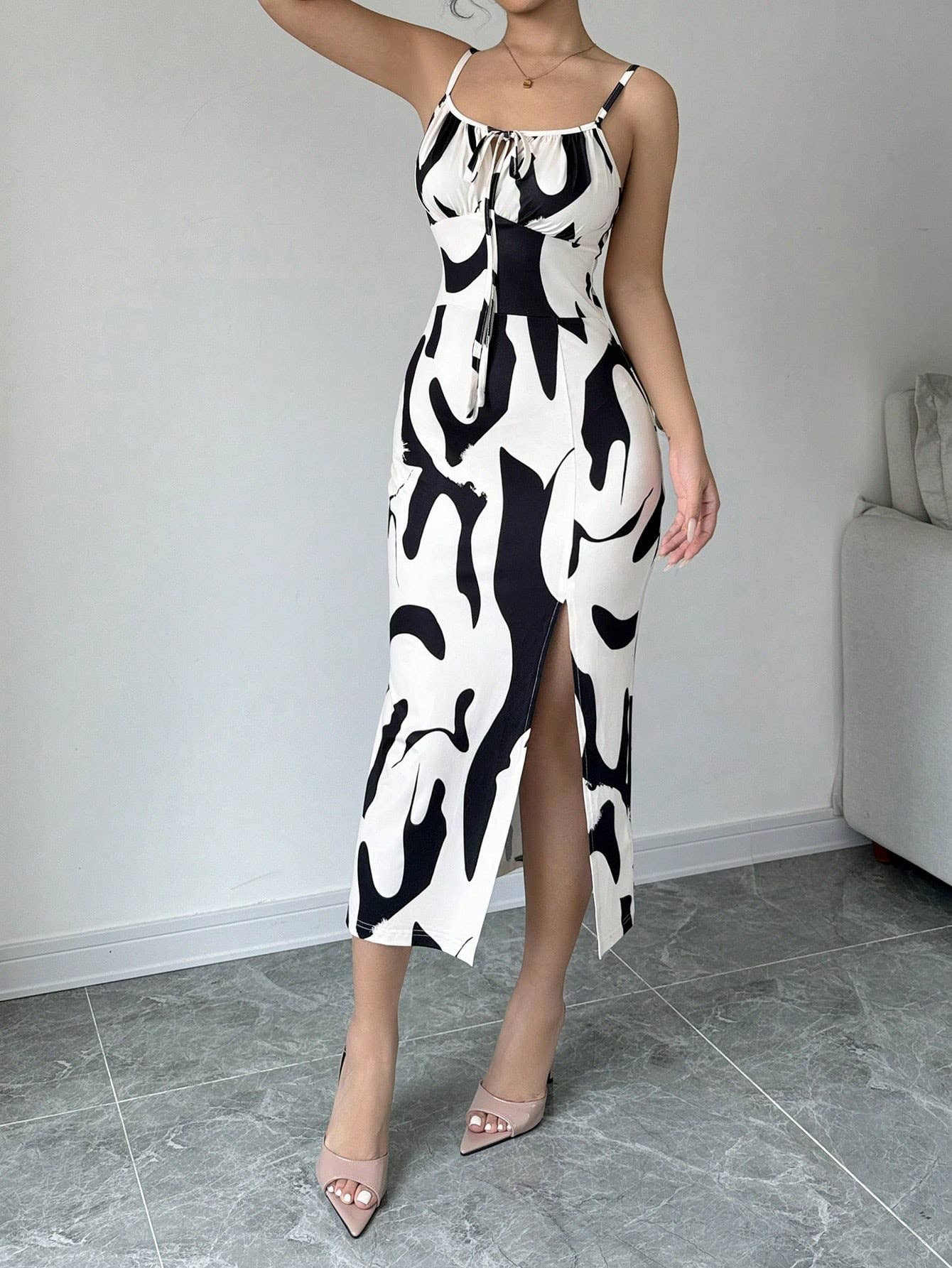 Intellectual style cow print halter slit dress
