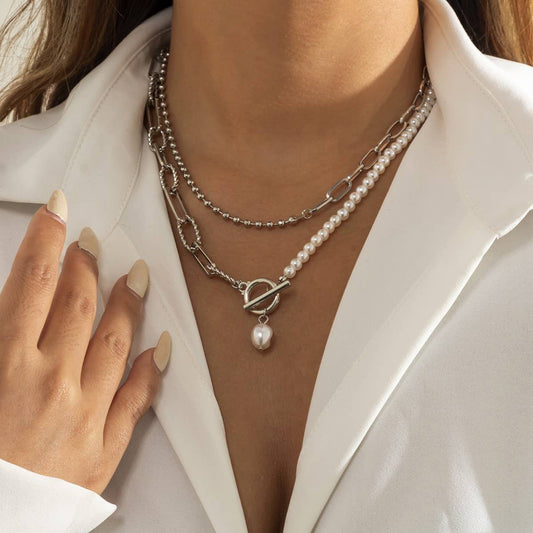 NICHE IMITATION PEARL OT BUCKLE TASSEL NECKLACE_CWAJE1805