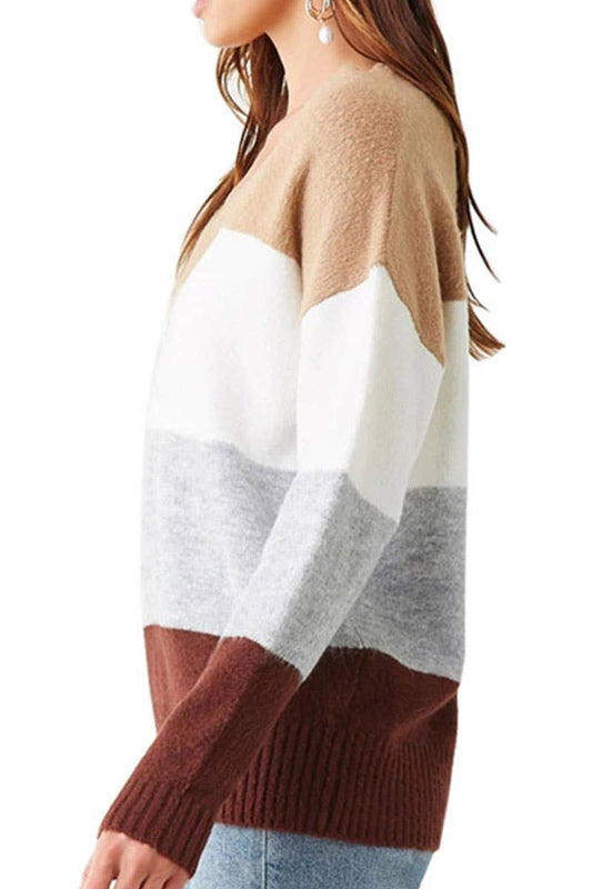 Vintage V-neck patchwork core yarn striped knitwear