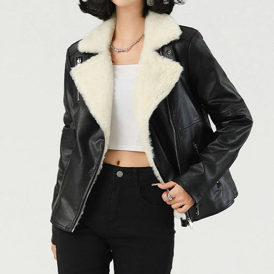 Fleece-Lined PU Jacket ?Winter Short Leather Coat