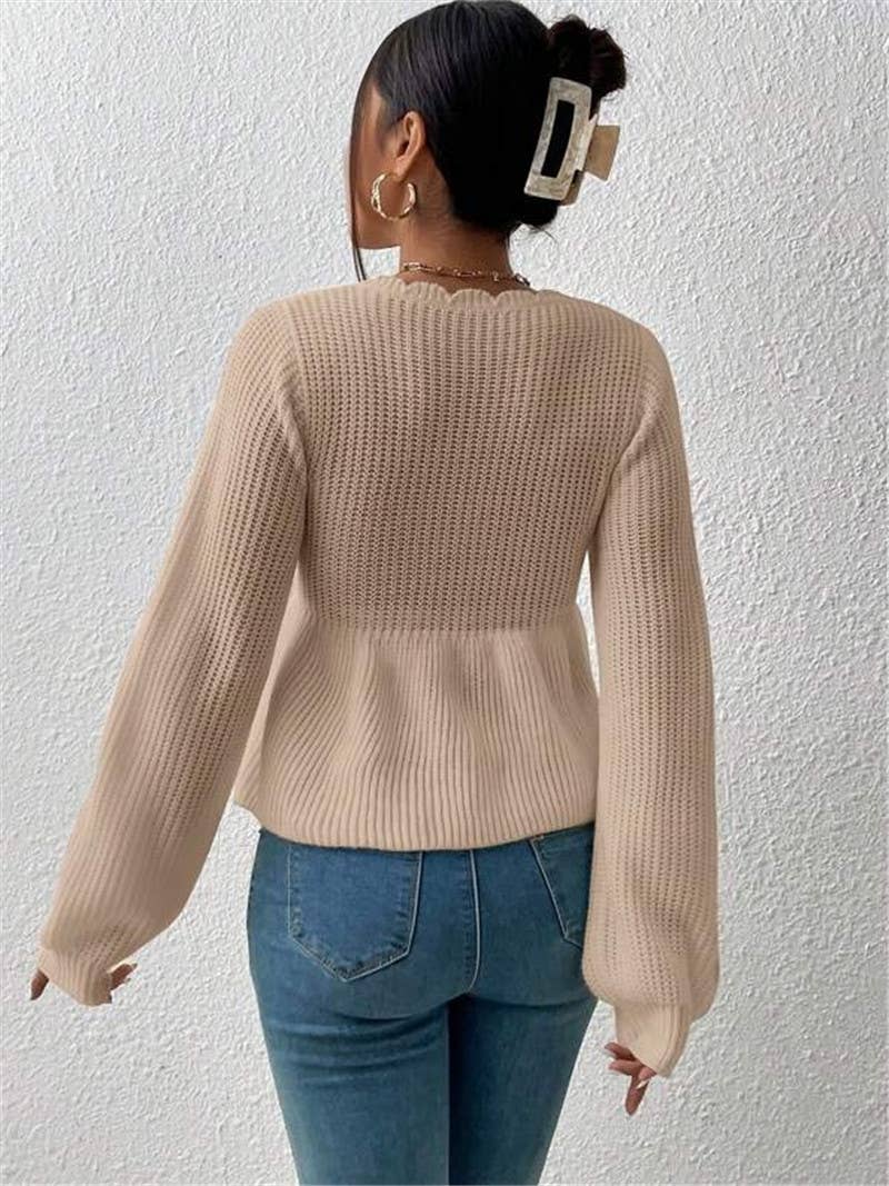 V-neck drawstring tie ruffled hem knit sweater
