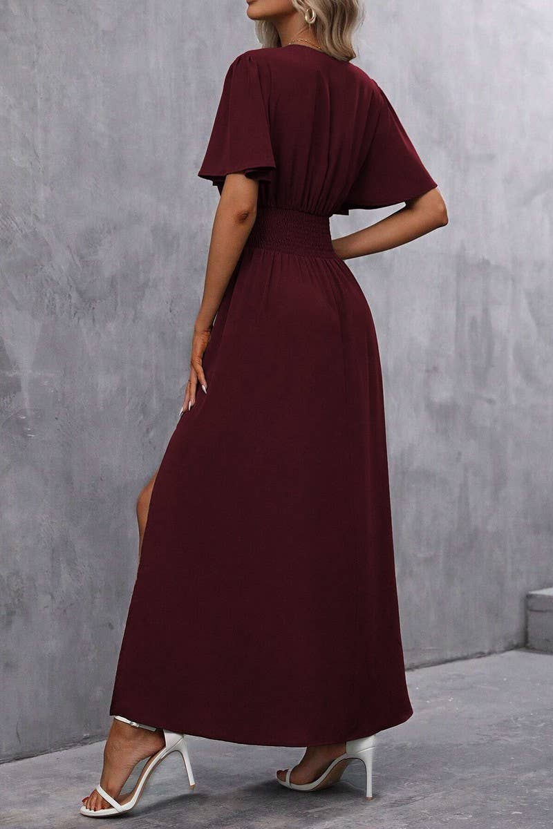 CWDMD4647_SOLID COLOR FLYING SLEEVES HIGH SLIT DRESS