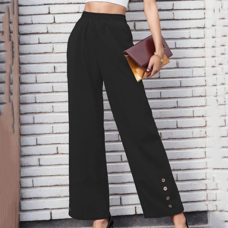 SOLID COLOR ELASTIC HIGH-WAISTED BUTTON-UP SLACKS