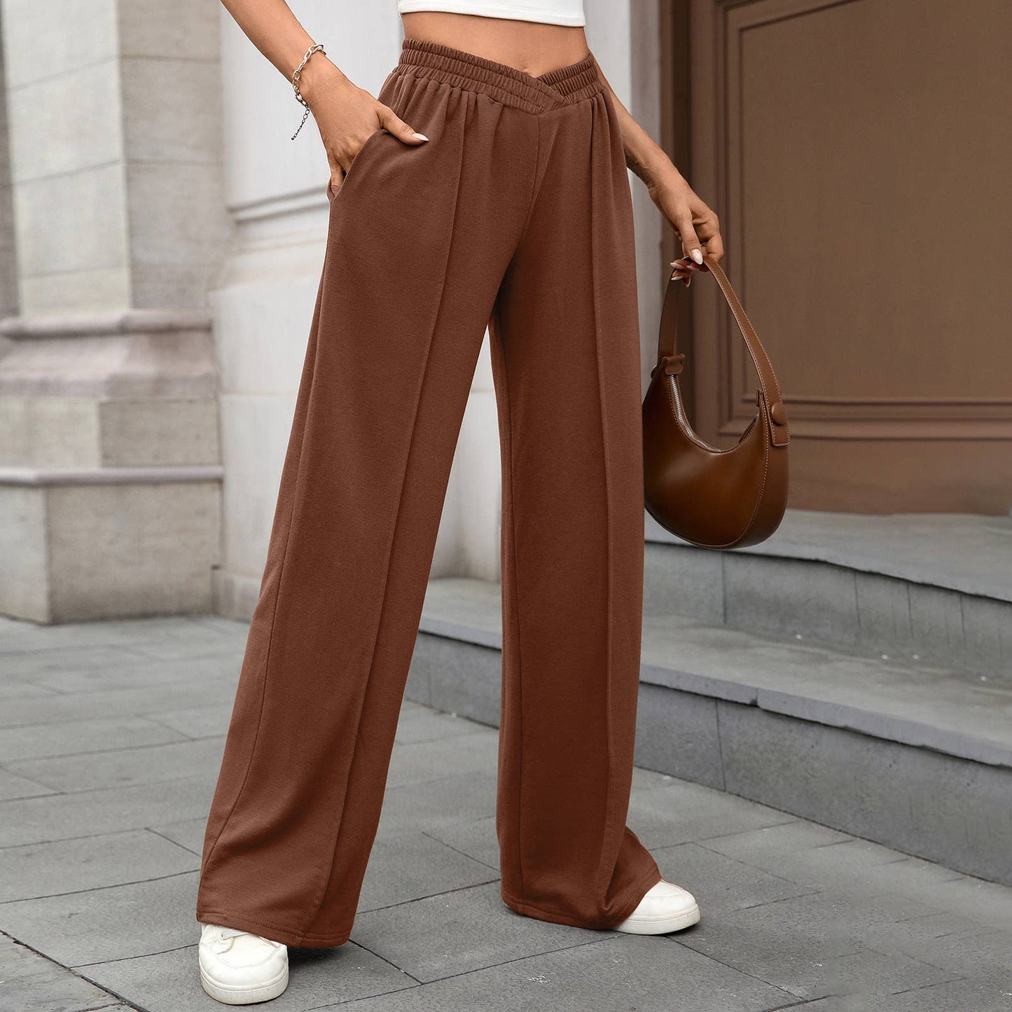 Solid color tight-waist straight casual pants