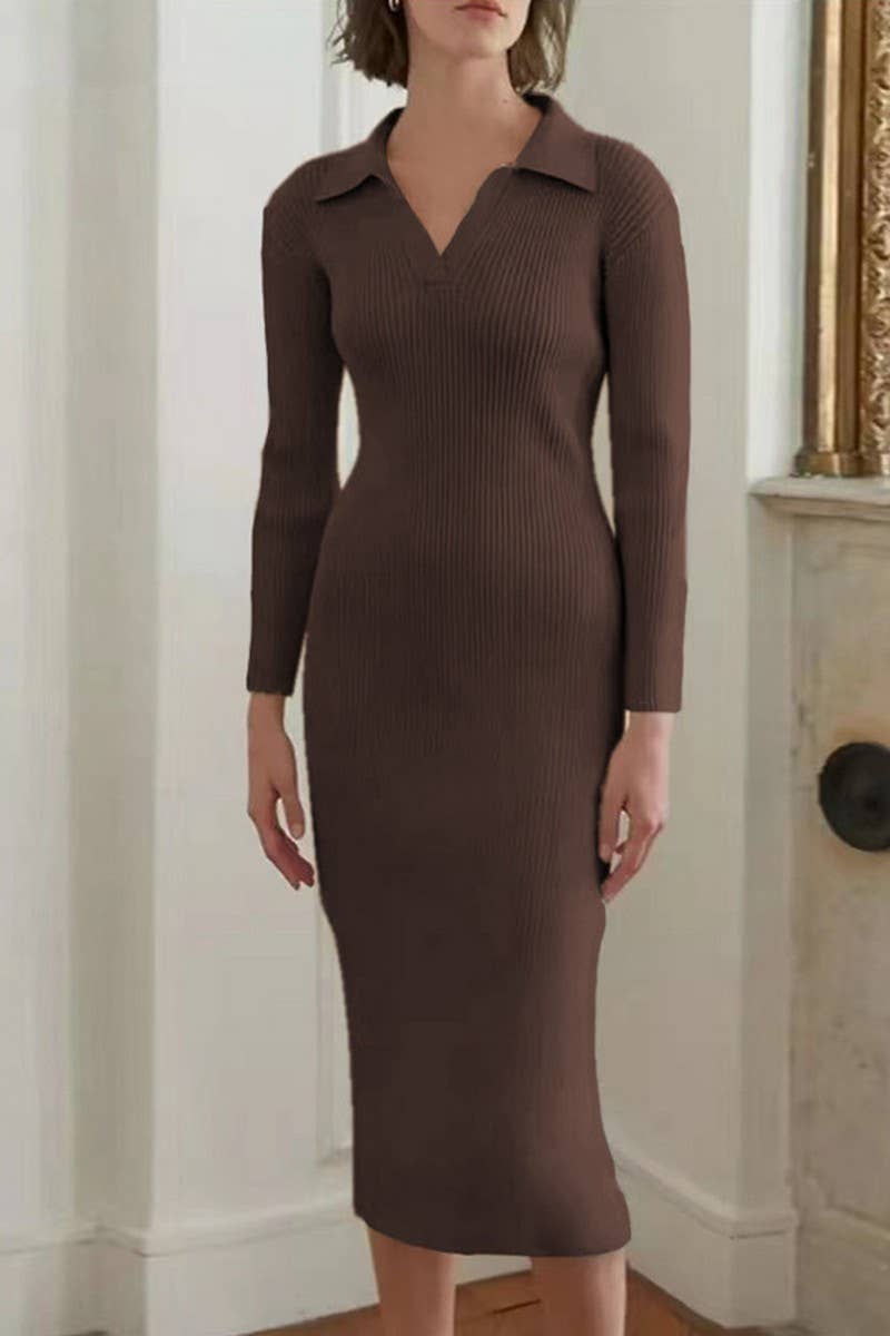 CWDMD4901_SOLID COLOR DEEP V LAPEL SLIM DRESS