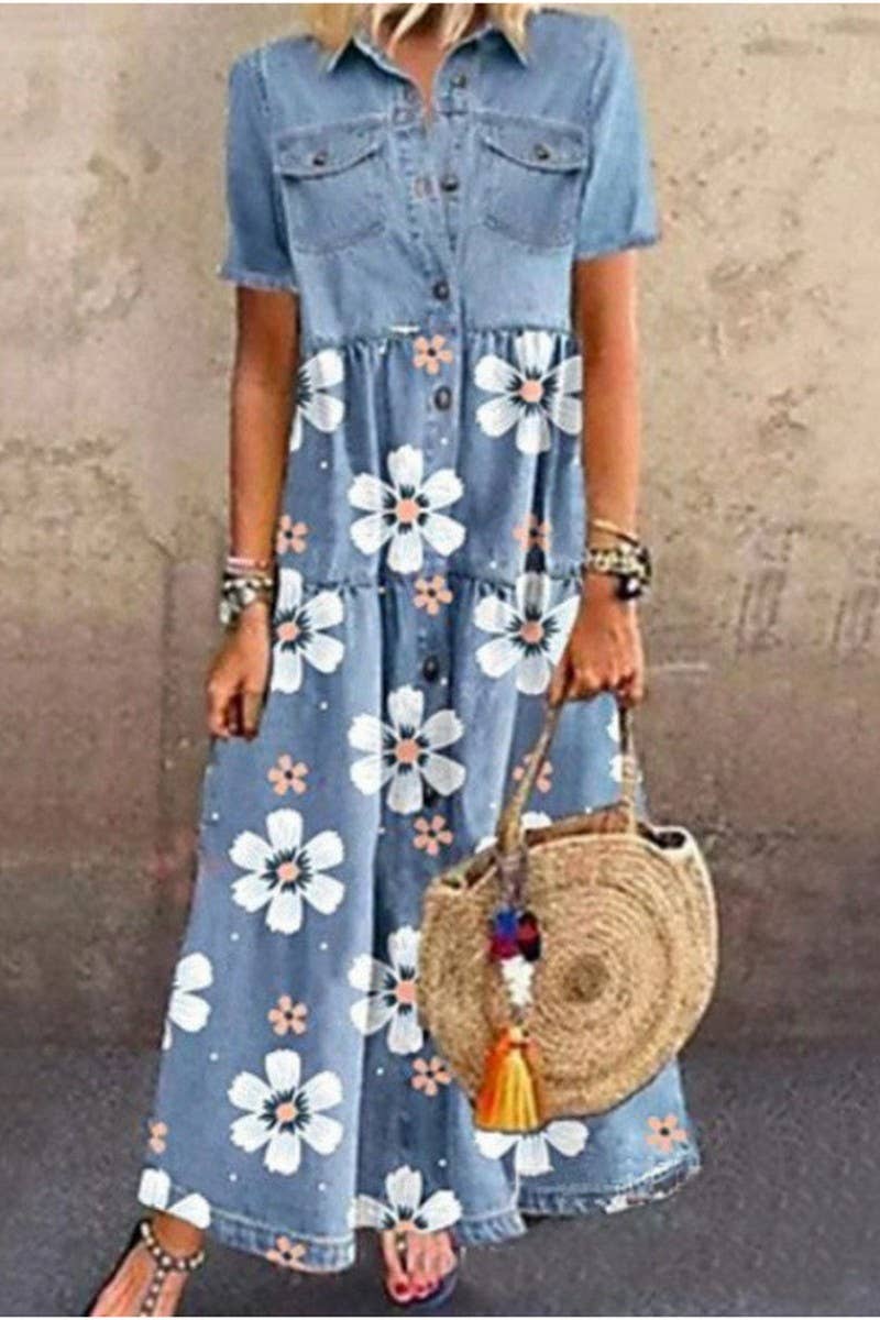 CWDMD6218_DENIM STYLE LONG MULTI-BUTTON DISTRESSED DRESS