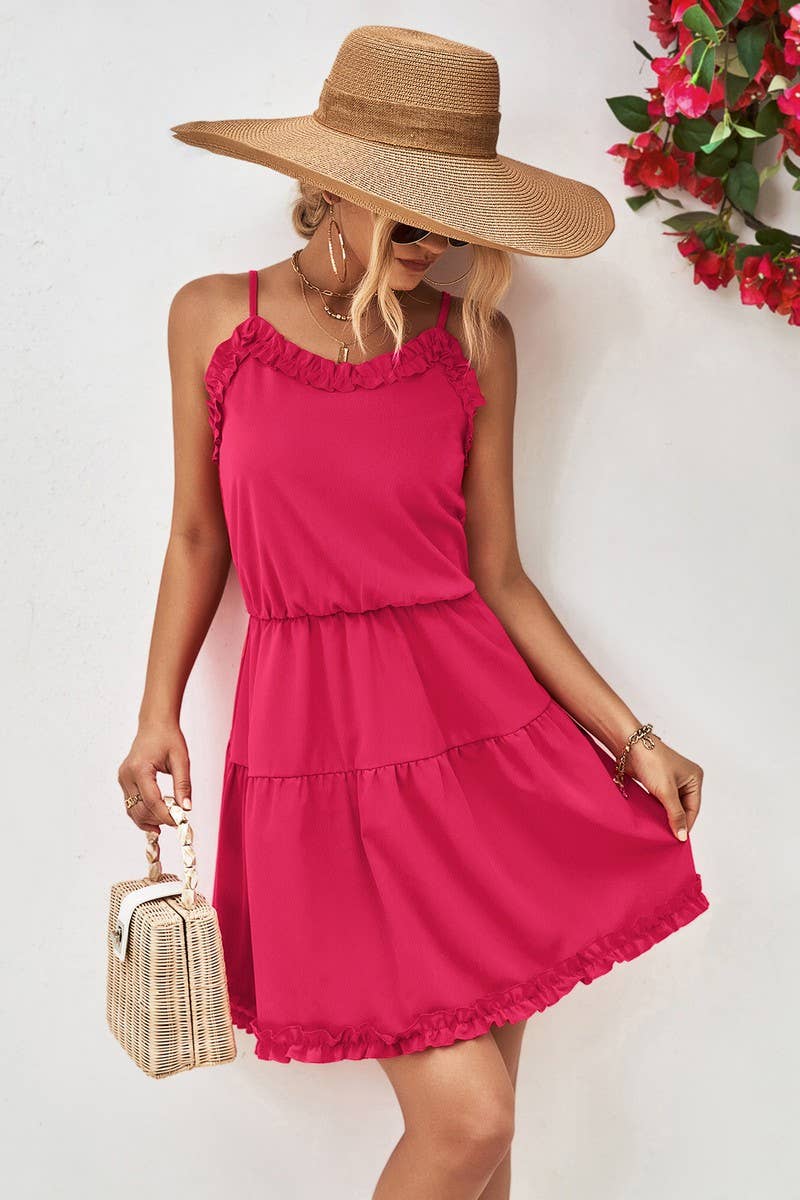 CWDSD4953_SOLID COLOR SUSPENDER RUFFLE DRESS