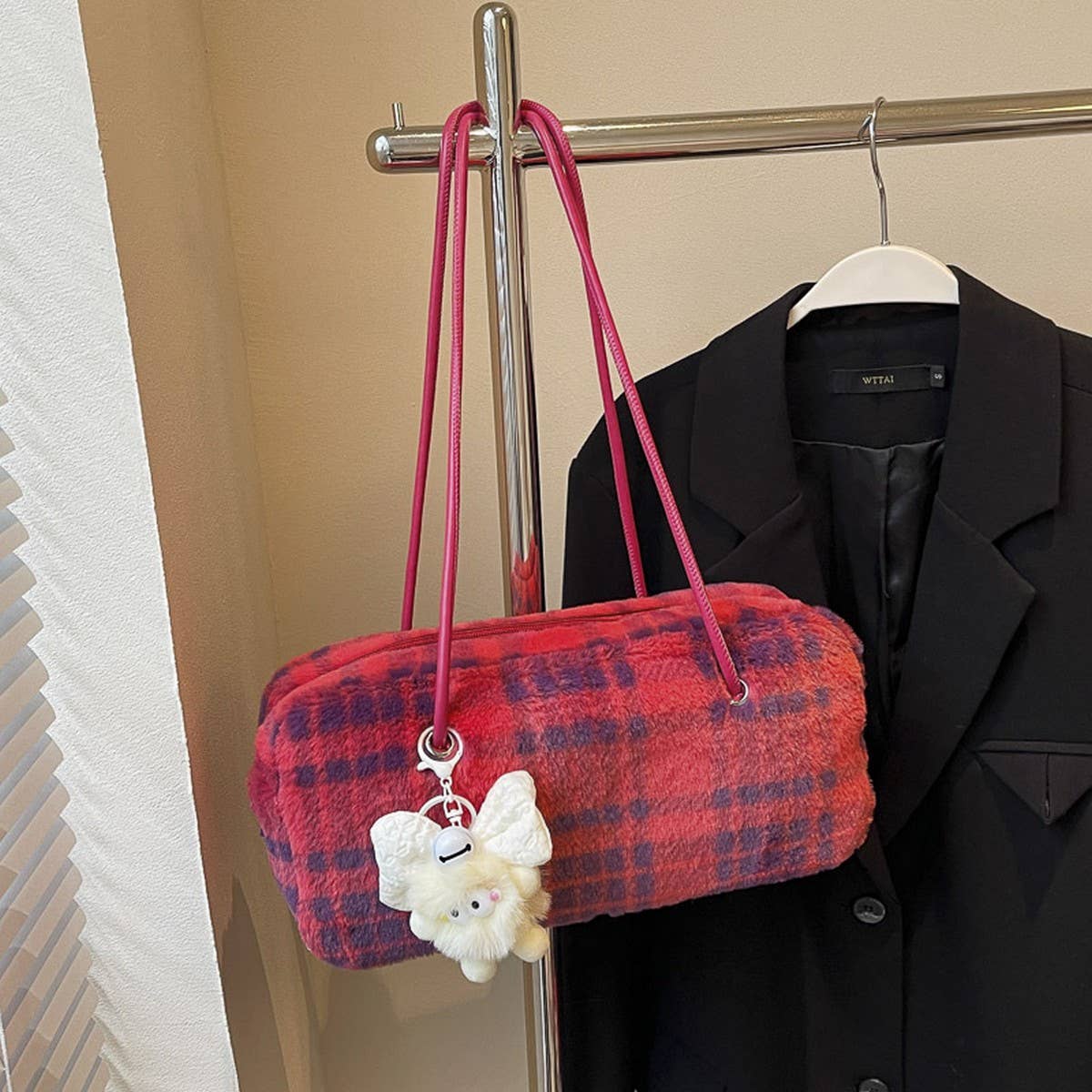 WINTER CASUAL WOOLEN PLAID SHOULDER PLUSH BAG_CWAB3941