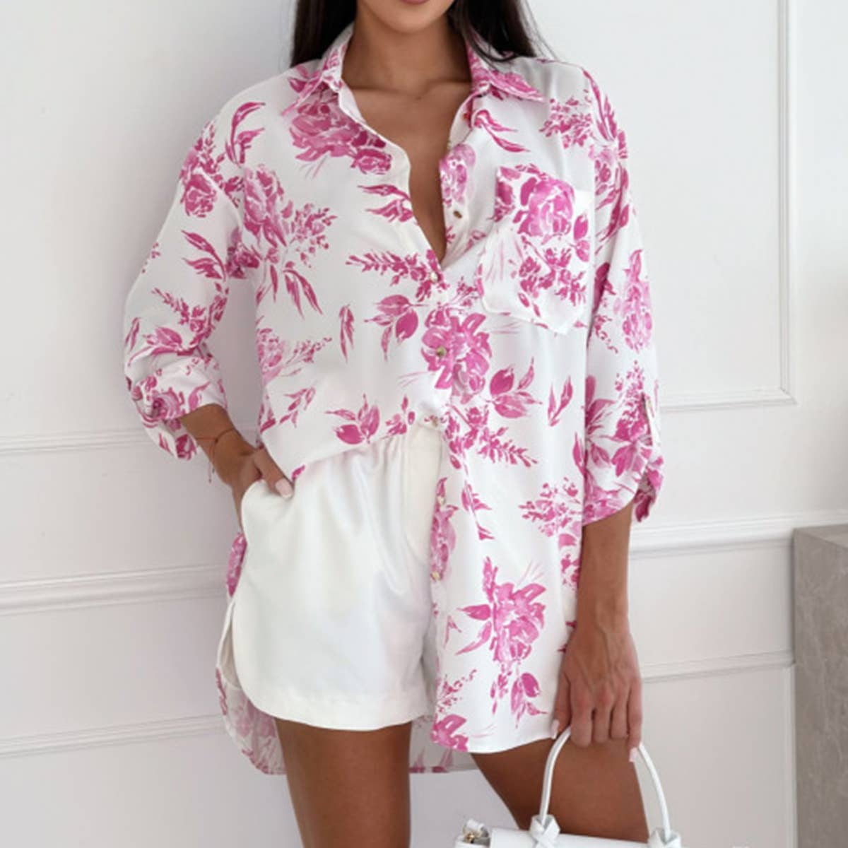 LACE-UP CARDIGAN BUTTON PRINT SLEEVED SHIRT