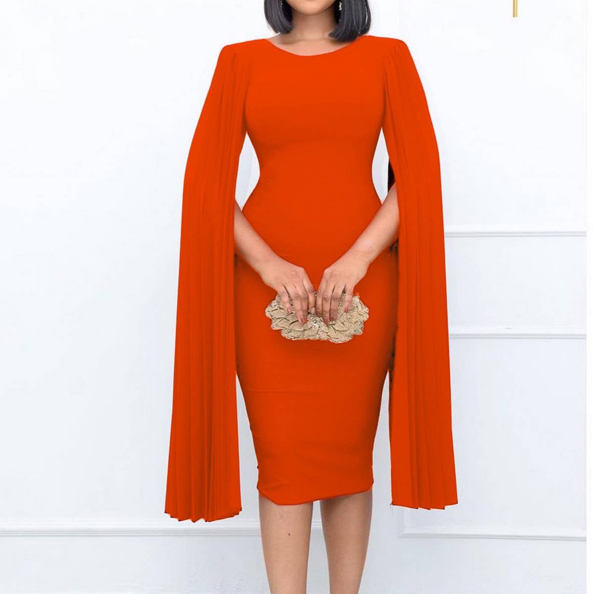 PLEATED ROUND NECK ELEGANT HIP-HUGGING TIGHT DRESS_CWDMD3701