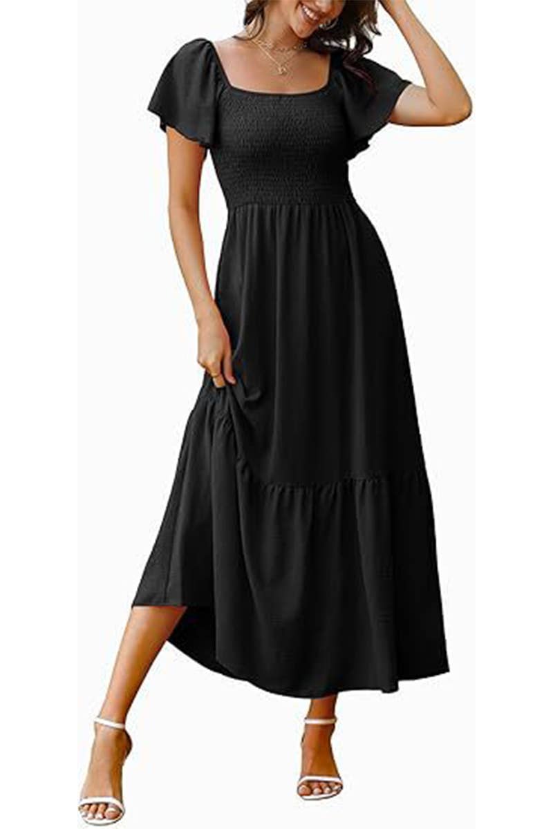 CWDMD6363_SQUARE NECK BUTTERFLY SLEEVE SHIRRED POCKET DRESS