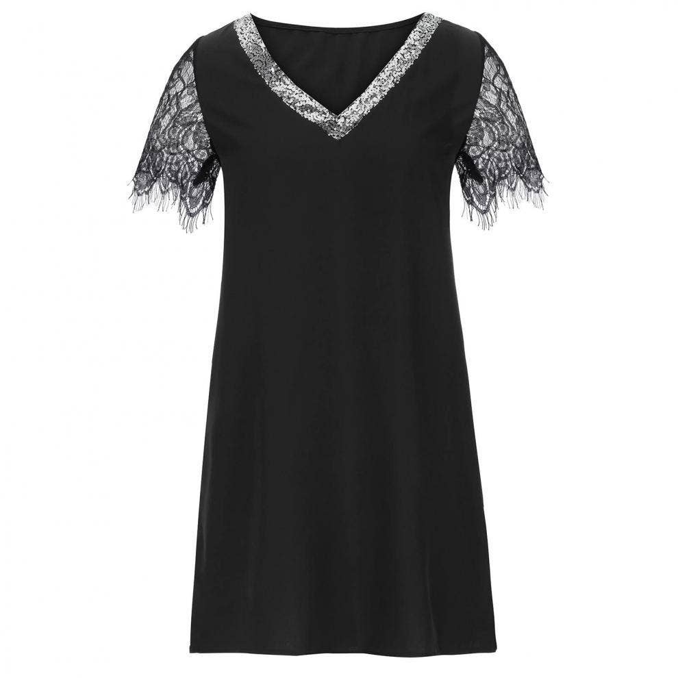 Sequin patchwork V-neck lace lace loose dress