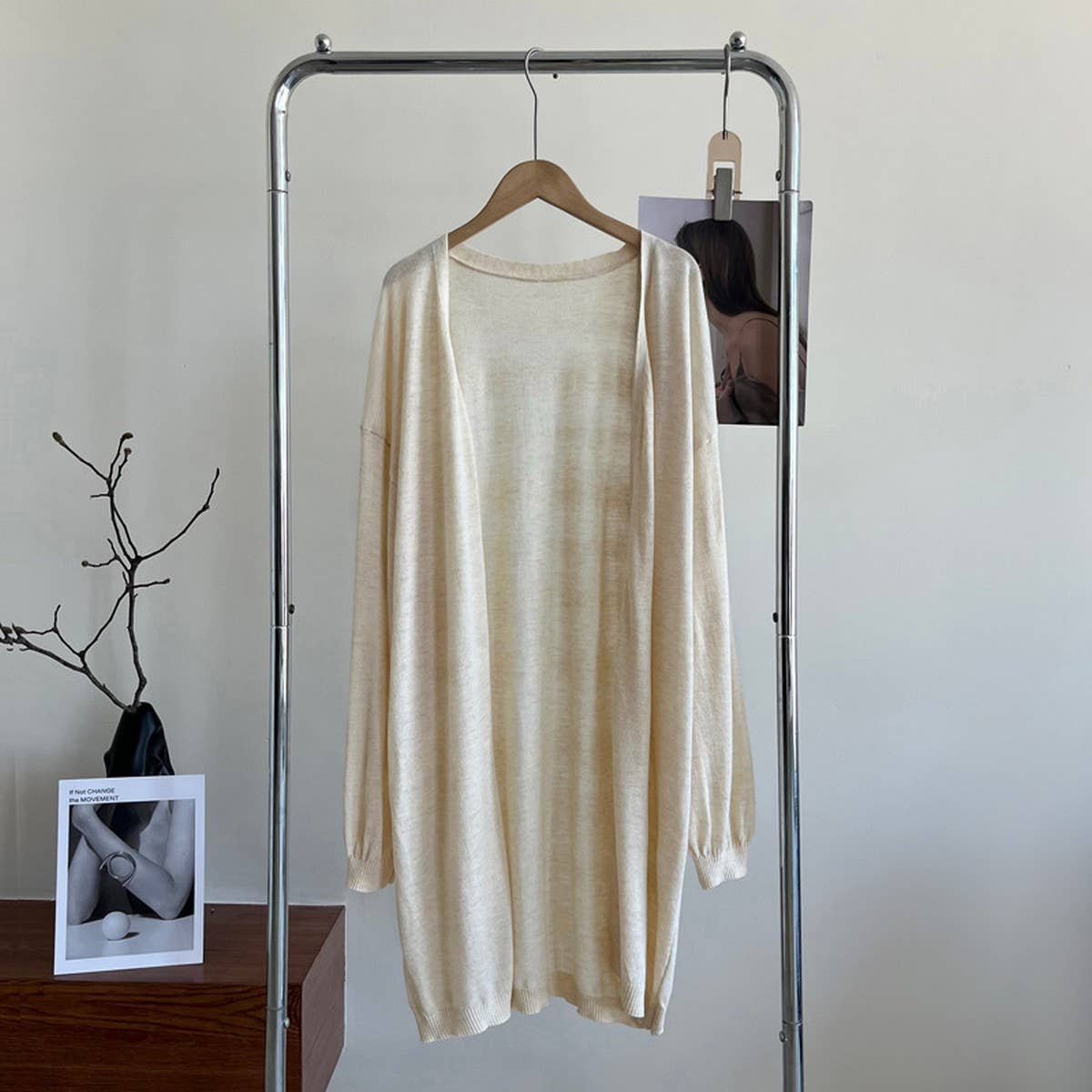 Long sleeve long wool knit cardigan without button