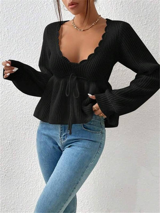 V-neck drawstring tie ruffled hem knit sweater