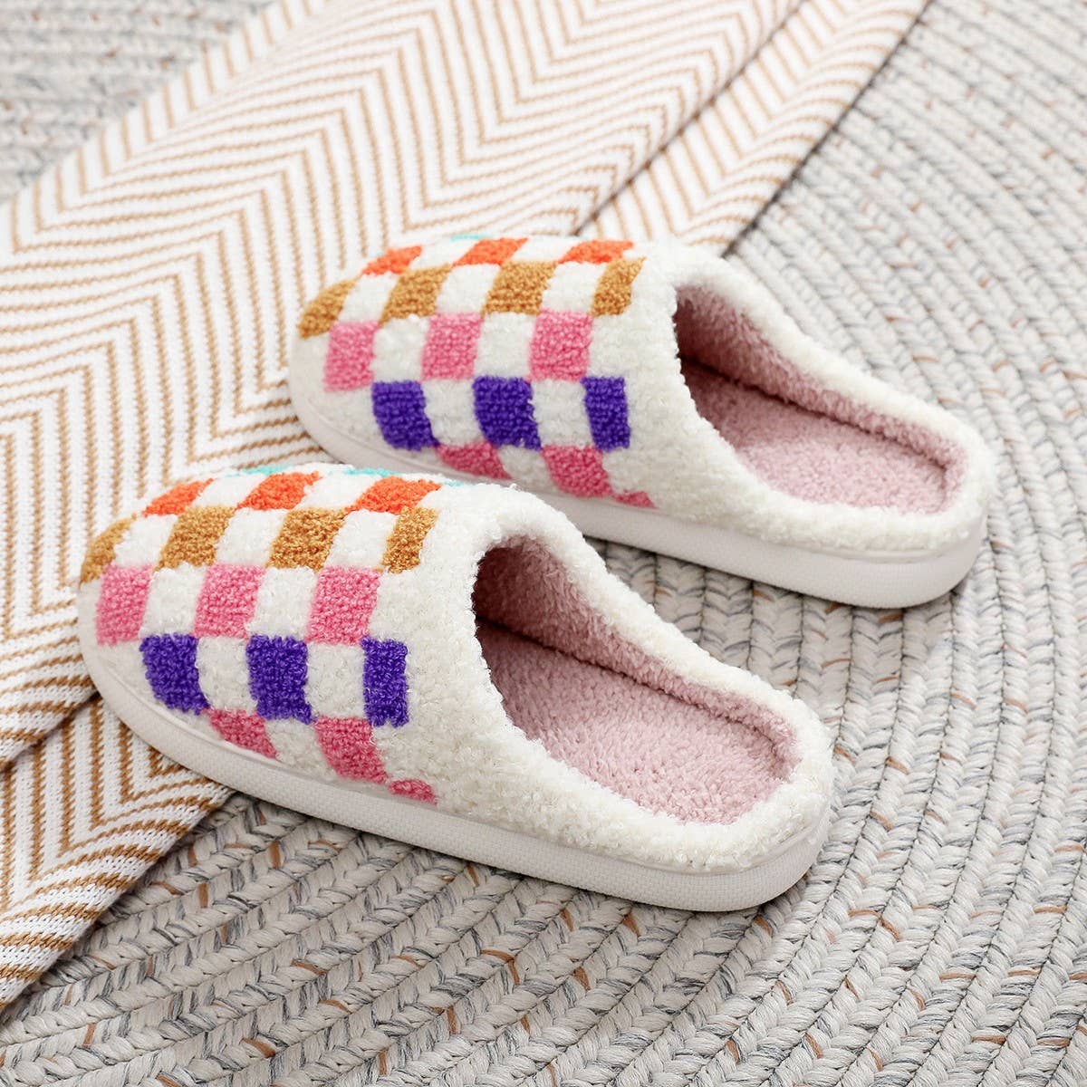 COLORFUL PLAID PRINT EMBROIDERED COTTON SLIPPERS