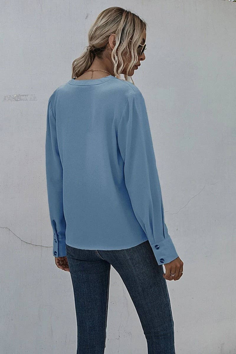 V NECK LONG SLEEVED PLEATED PULLOVER SHIRT_CWTSTL0695