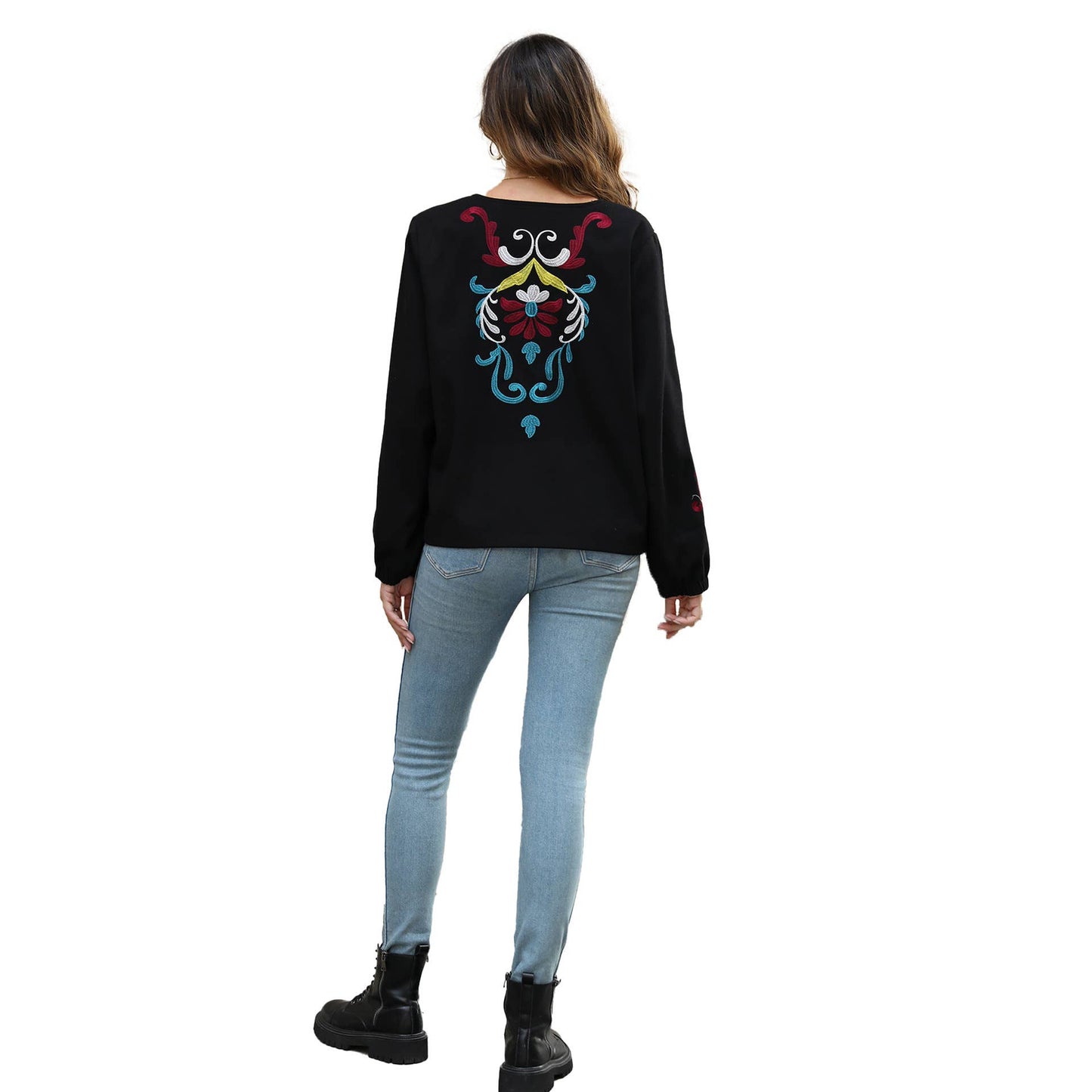 Ethnic-style embroidered V-neck zipper cardigan