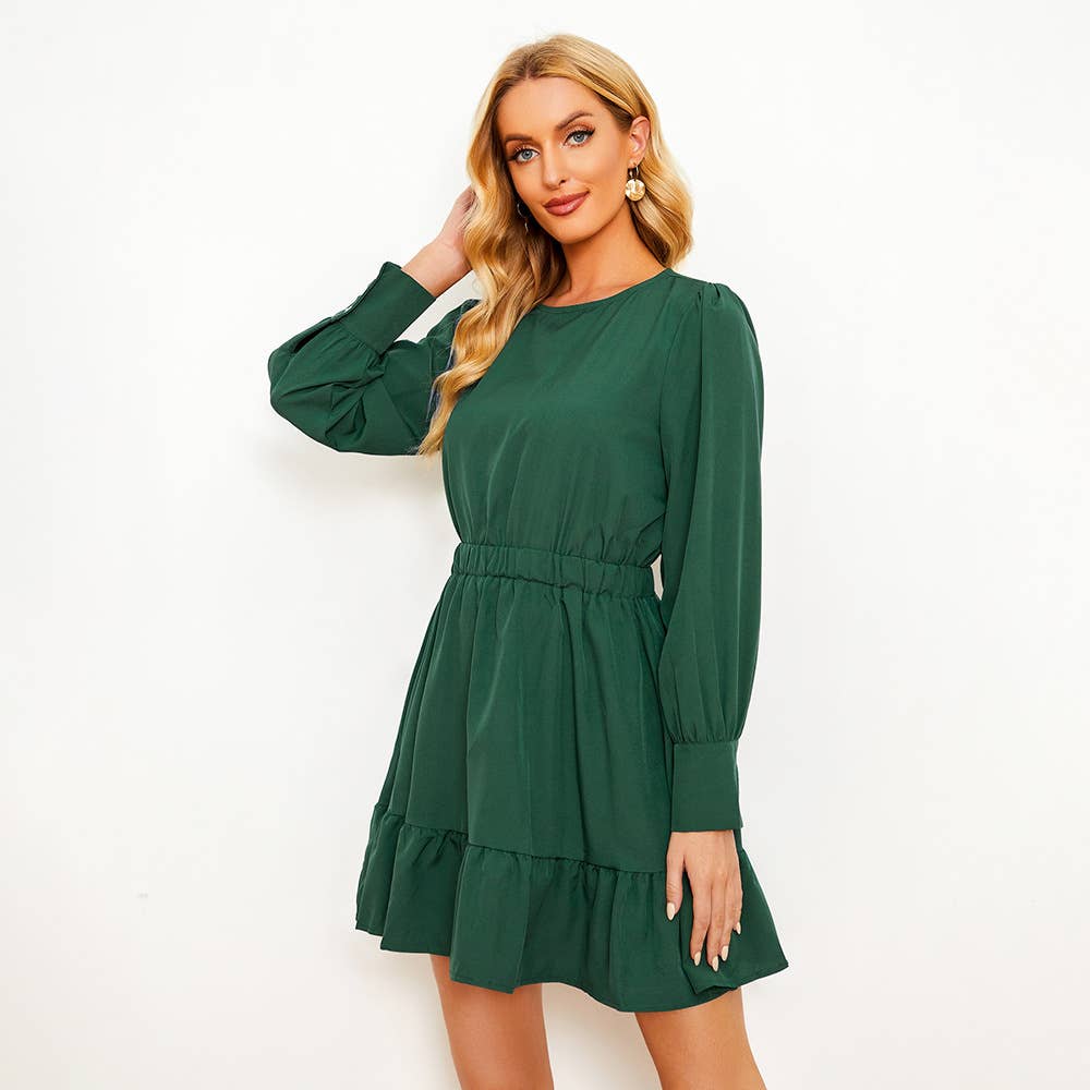 SOLID COLOR PINCHED WAIST LONG SLEEVE DRESS