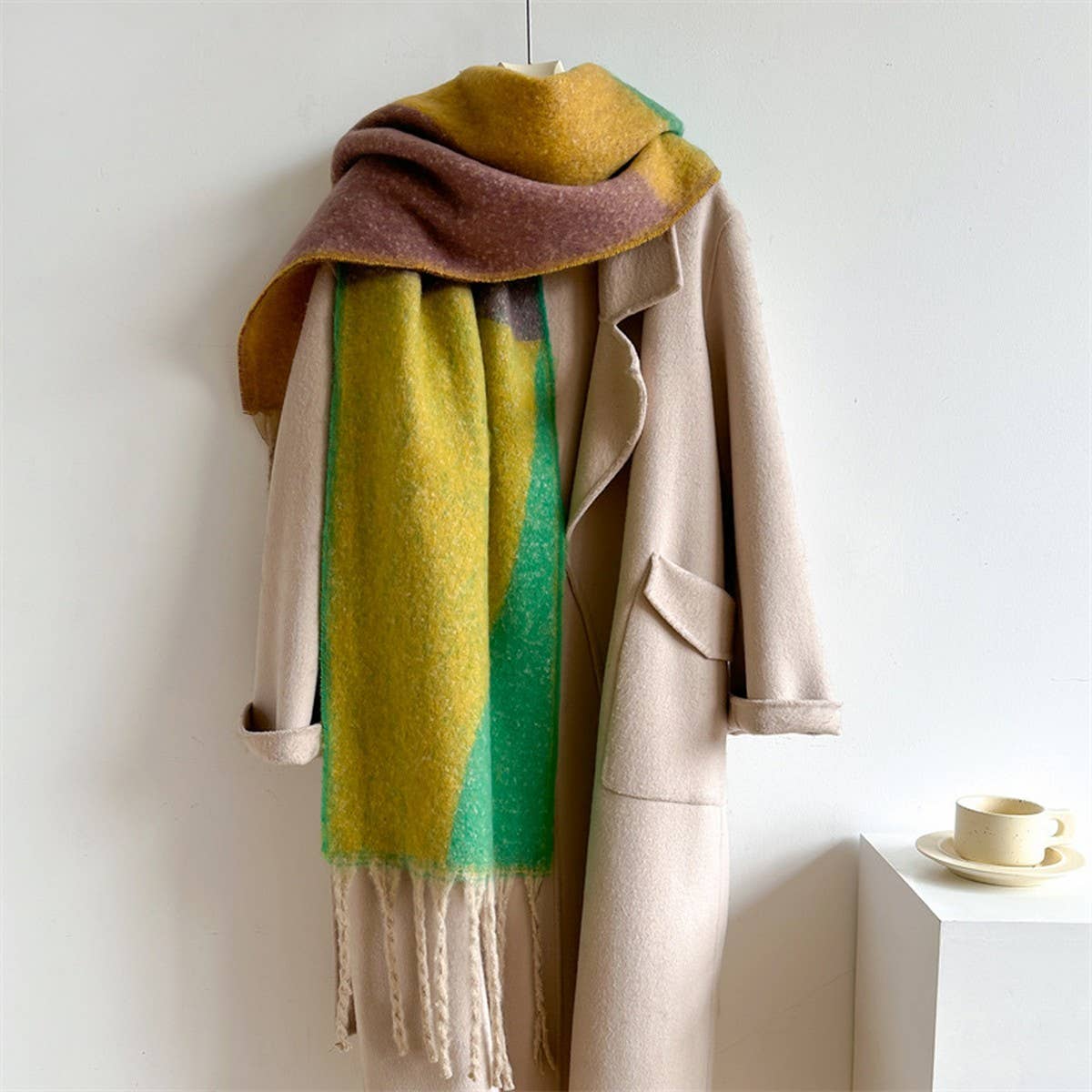 Geometric Fringe Wool Scarf,Thick Colorblock Shawl