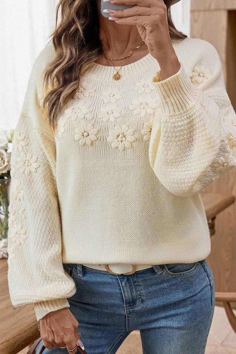 CWOSWL07056_EMBROIDERED 3D DAISY LOOSE KNIT SWEATER