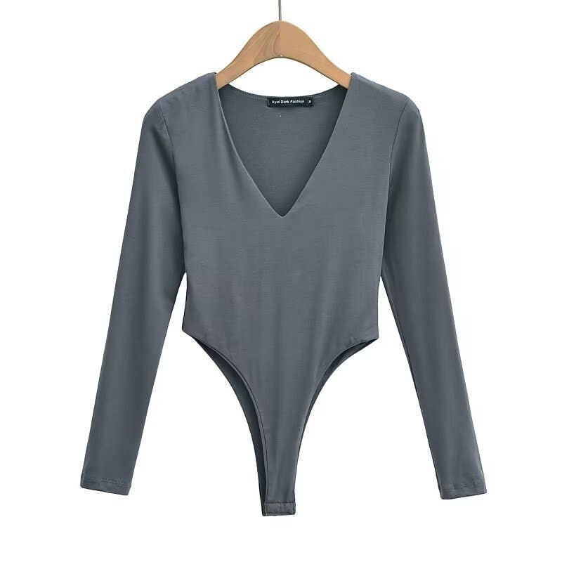 Tight deep V-neck long-sleeved one-piece Top