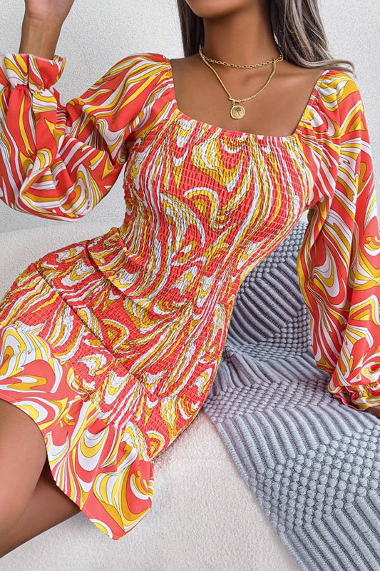 CWDMD4717_SEXY SQUARE NECK LONG SLEEVE RUFFLED HIP DRESS