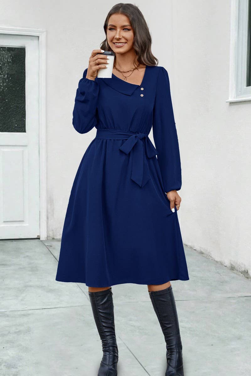 CWDSD4869_IRREGULAR NECKLINE TIE LONG SLEEVE DRESS