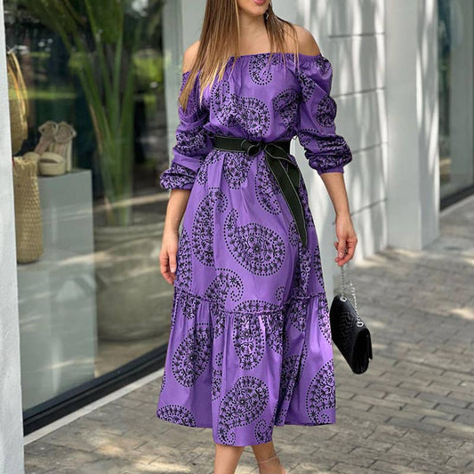 Long-sleeved printed one-shoulder dress
