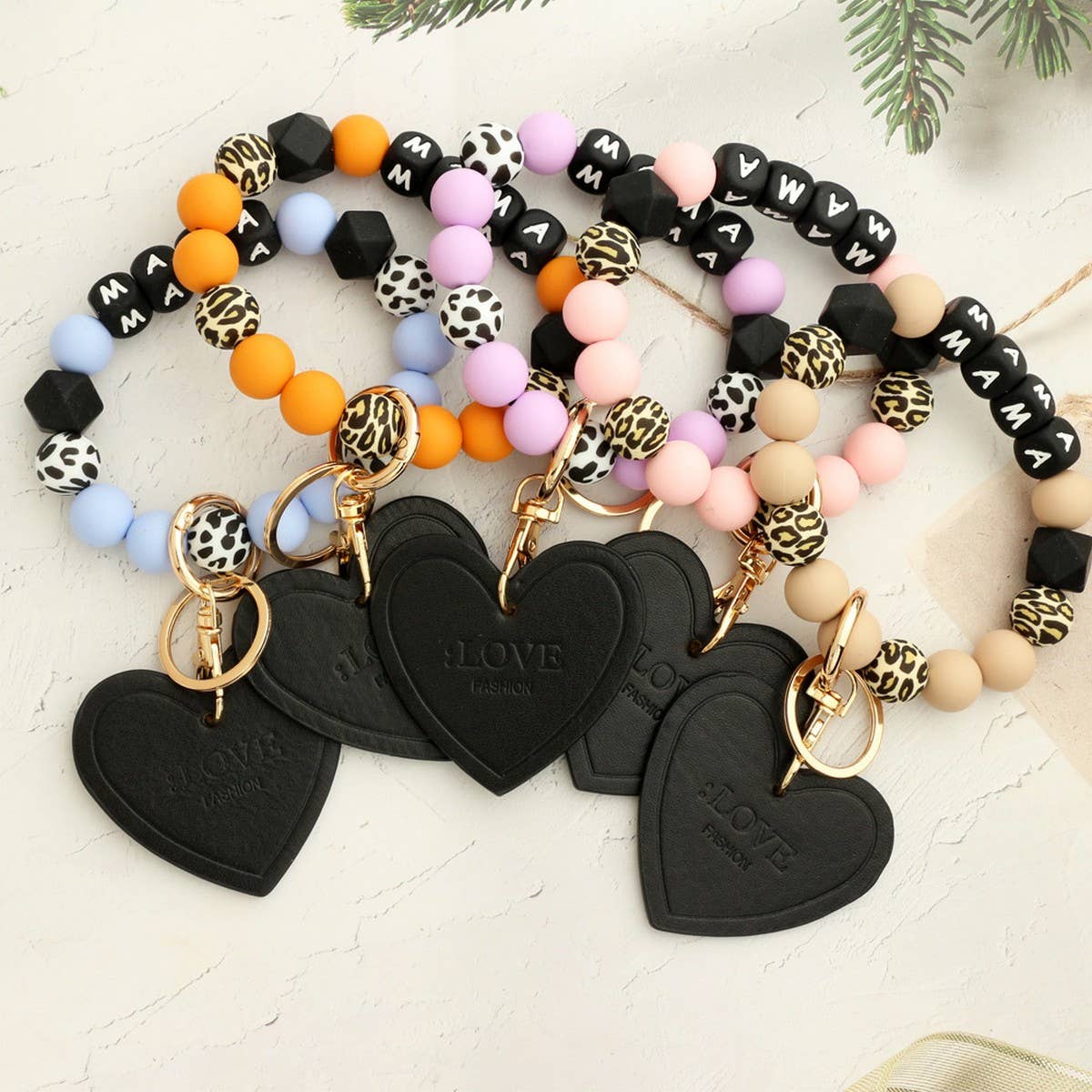 Leopard Print Silicone Bead Heart Bracelet Keychain_CWAB5018