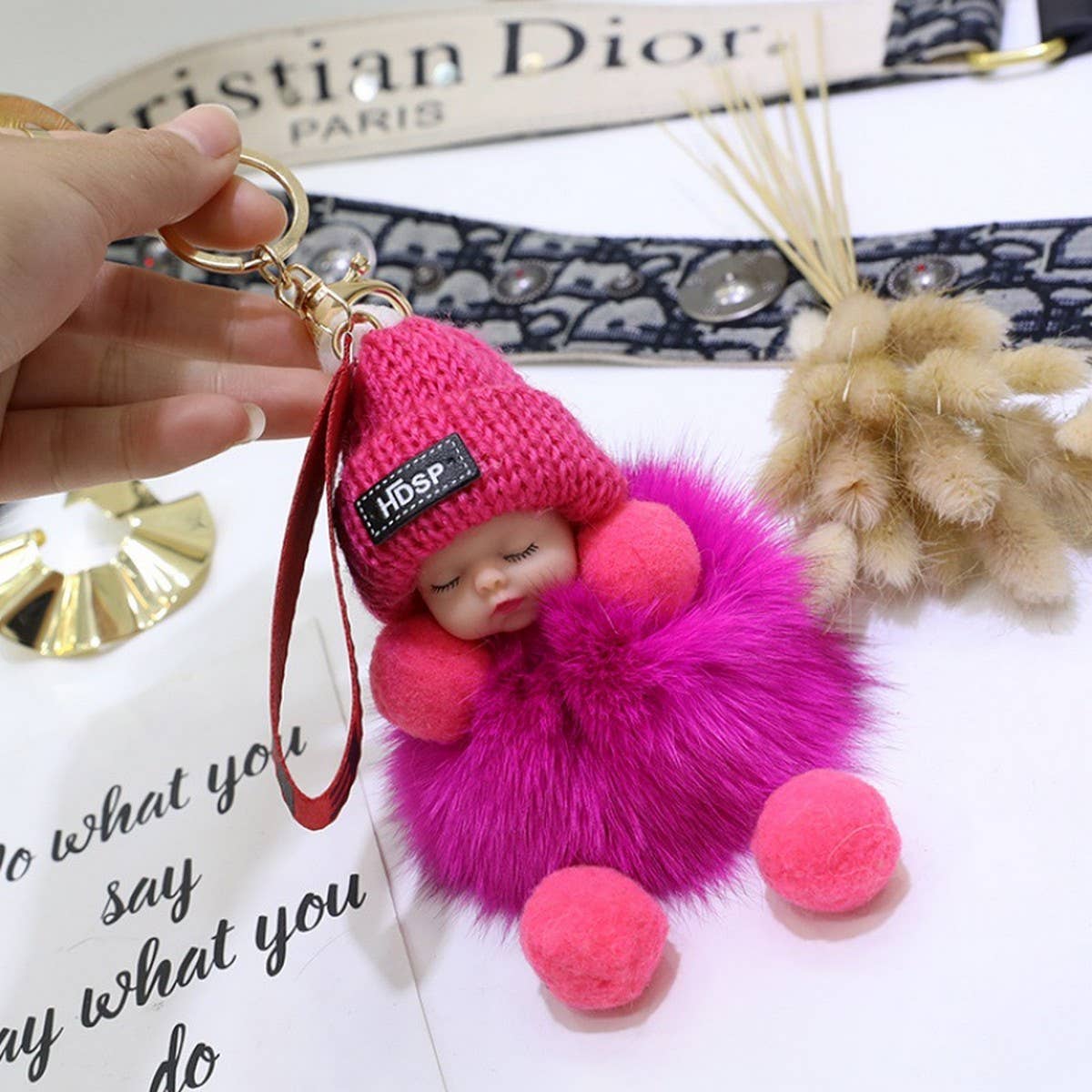 FURRY BALL PENDANT SLEEPING DOLL PENDANT KEYCHAIN