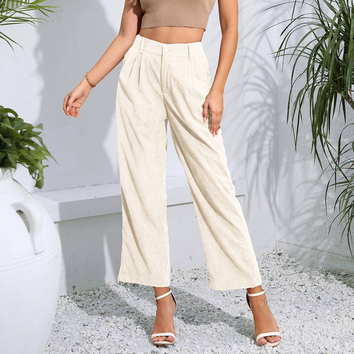 High-waisted straight tube corduroy slacks