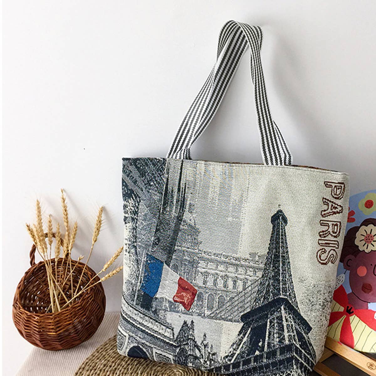 FLOWER JACQUARD CANVAS SHOULDER BAG TOTE BAG_CWAB1677