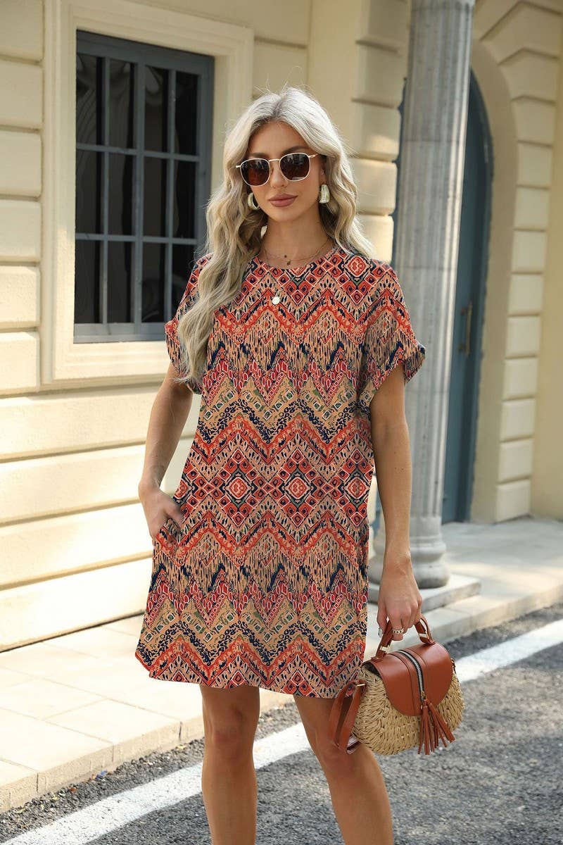 CWDSD7291_PRINTED CREW NECK SHORT SLEEVE POCKET DRESS