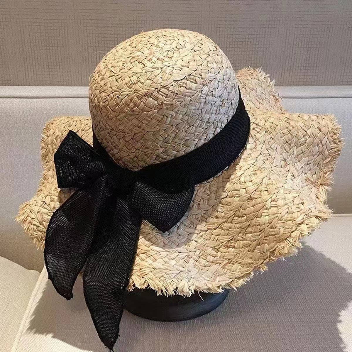 TASSEL EDGE WOVEN FEDORA HATS STRAW WITH BOW TIE_CWAH1154