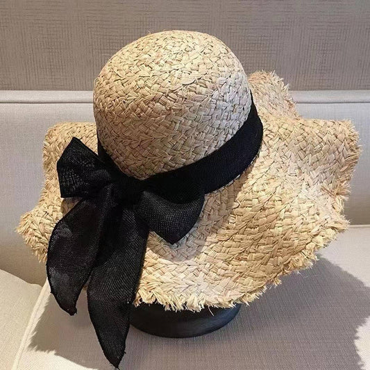 TASSEL EDGE WOVEN FEDORA HATS STRAW WITH BOW TIE_CWAH1154