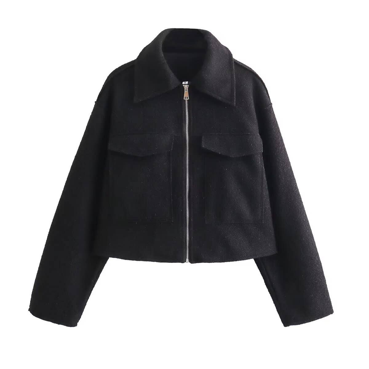 SOLID COLOR LAPEL ZIP-UP CROPPED JACKET