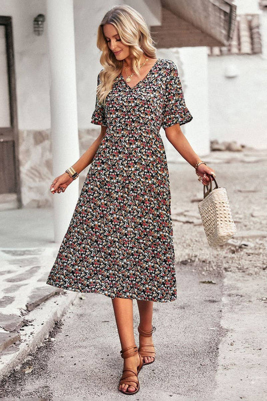 CWDMD6456_V-NECK ELEGANT HIGH WAIST CASUAL DRESS