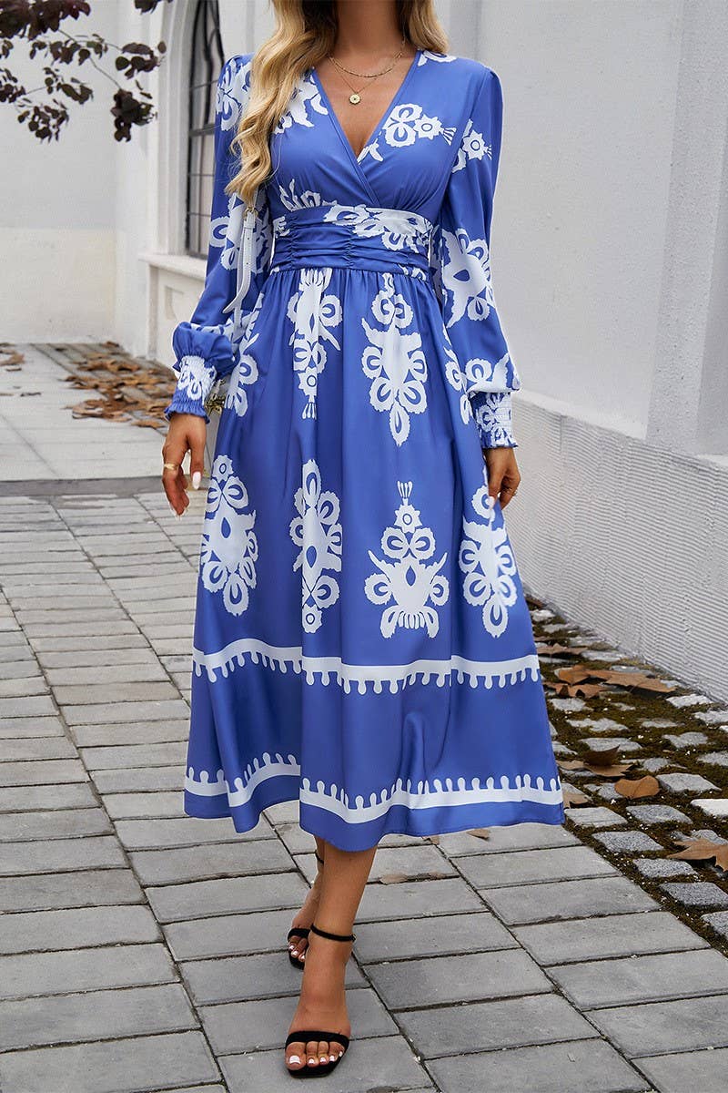 CWDMD4866_V-NECK ELEGANT CONTRAST COLOR LONG SLEEVE DRESS