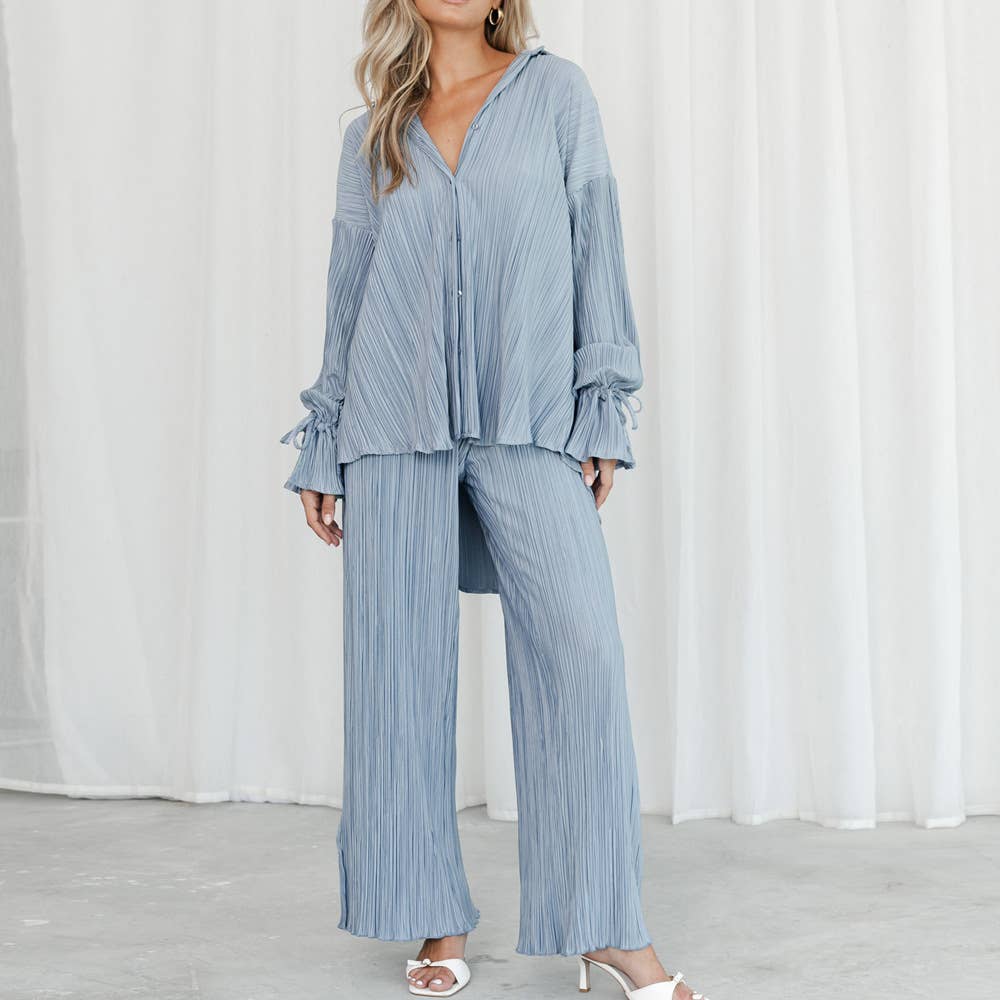 Fashion Pleated Shirt with Split Long Sleeve Set