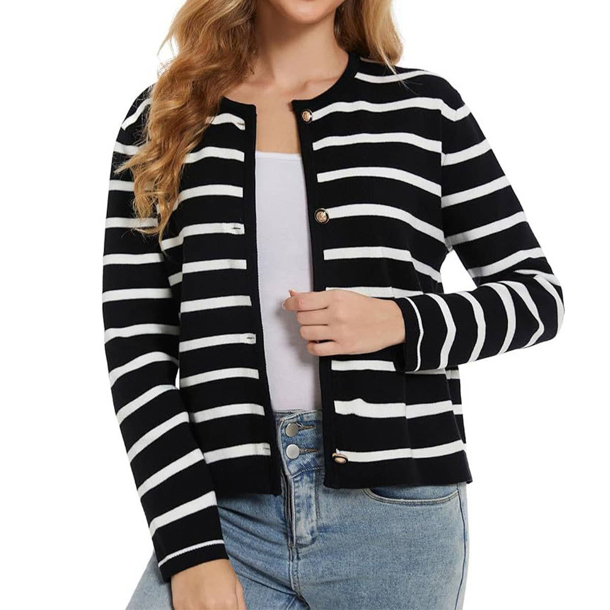 FASHION LONG-SLEEVED BUTTON-UP CREW-NECK CARDIGAN