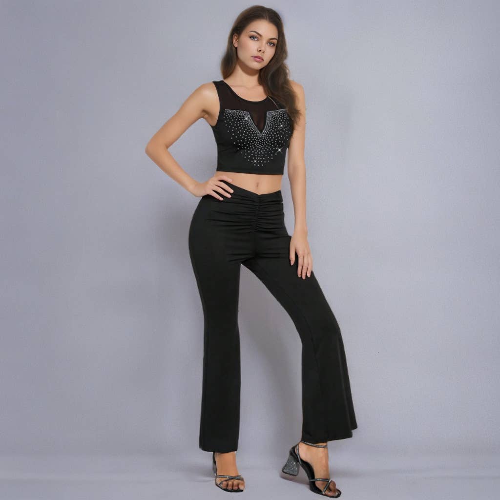 Sleeveless rhinestone top with flared pants set