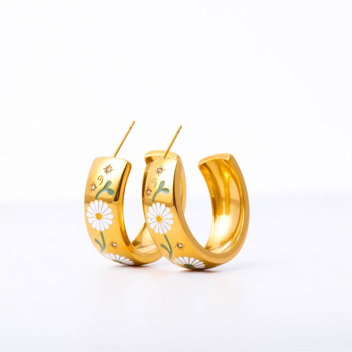 Enamel Floral Rose C Hoop Earrings Gold Stainless