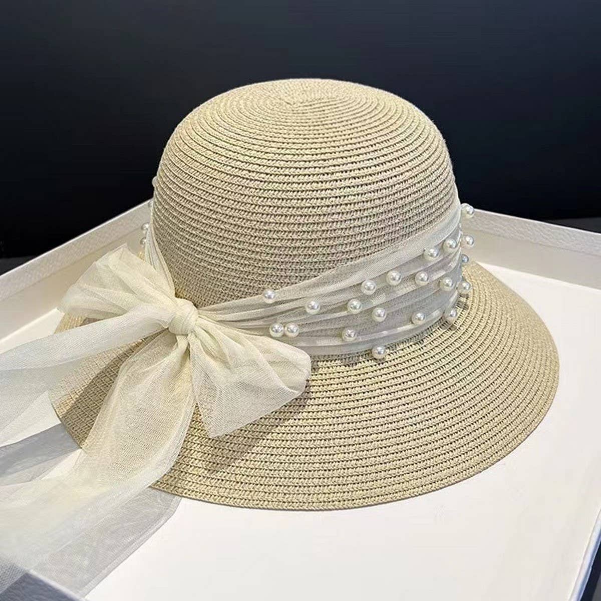 Summer Elegant Pearl Bow Straw Hat for Women_CWAH3401