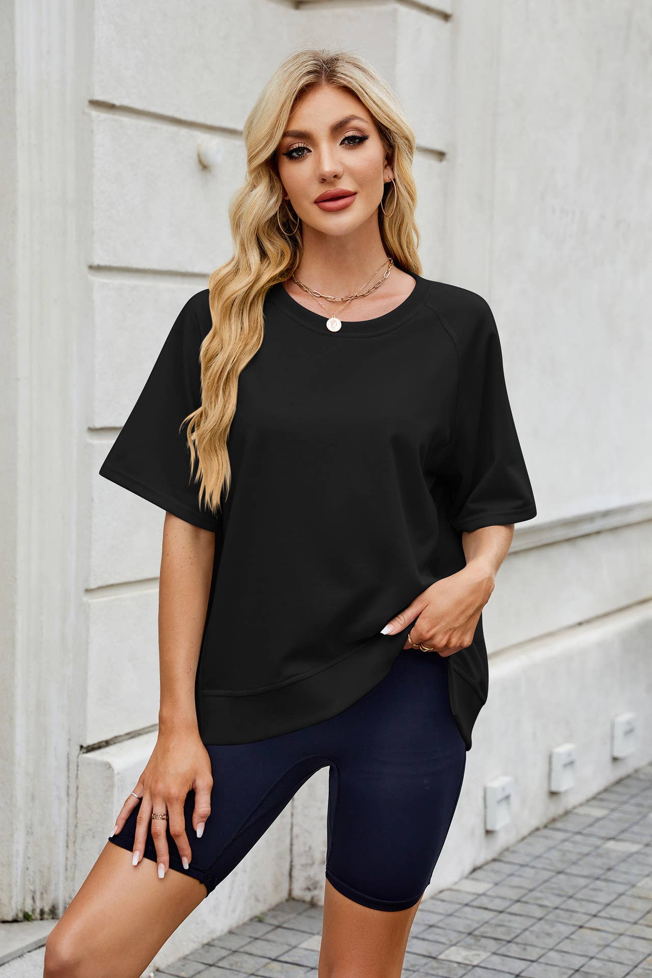 Solid color screw-neck loose short-sleeved hoodie