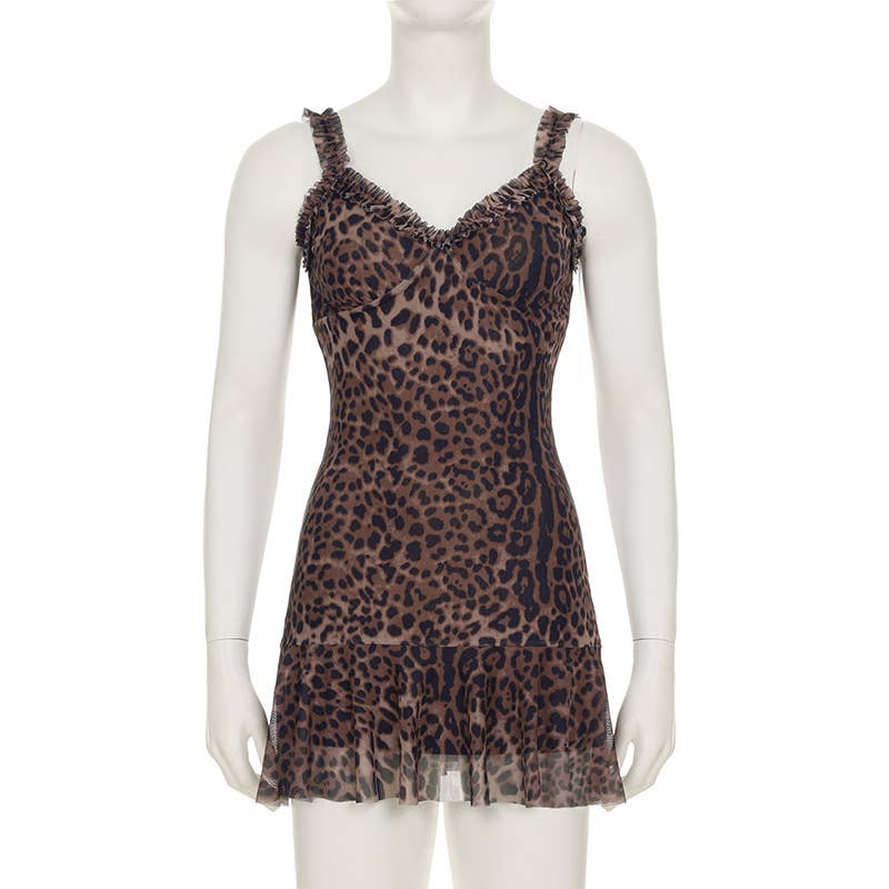 Leopard print sleeveless slim-fit V-neck dress